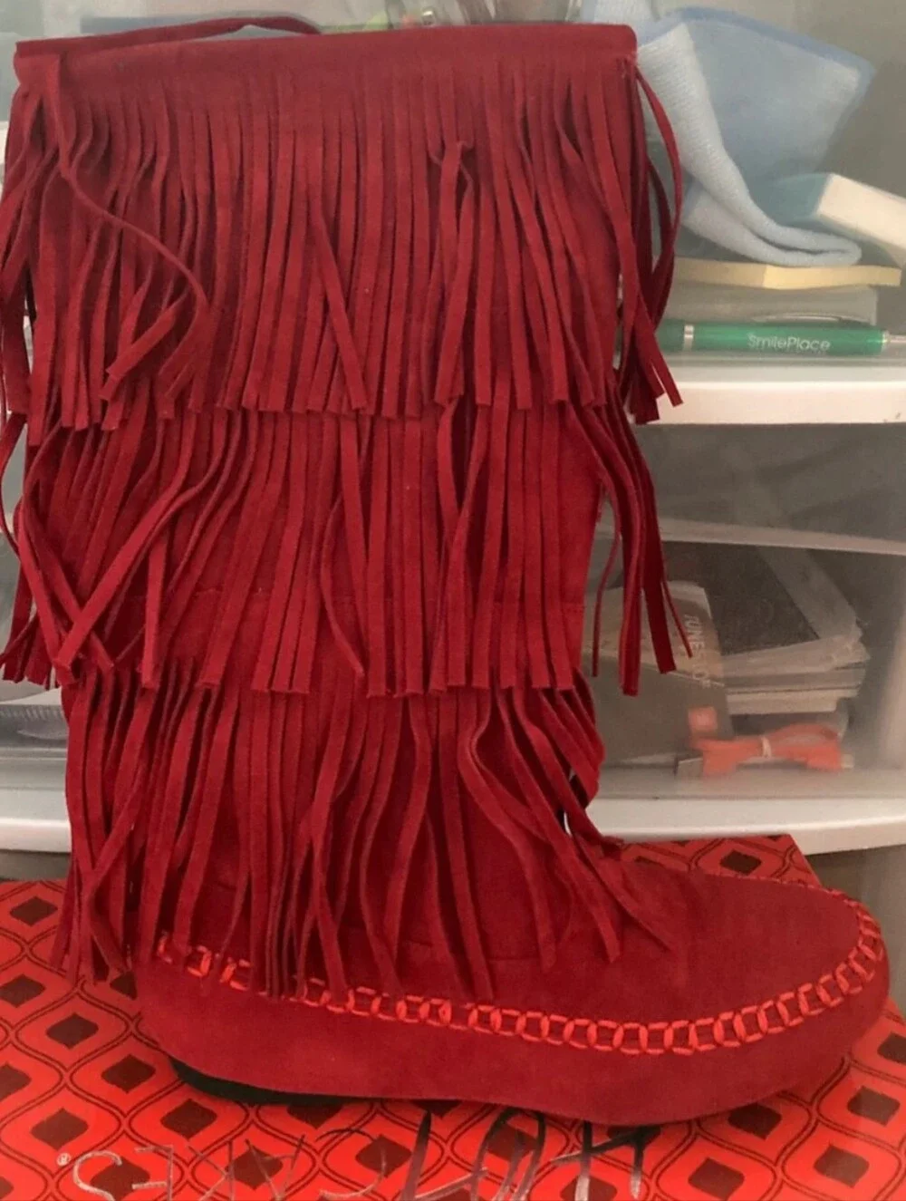 Red Fringe Suede Moccasin Boots Sz 7